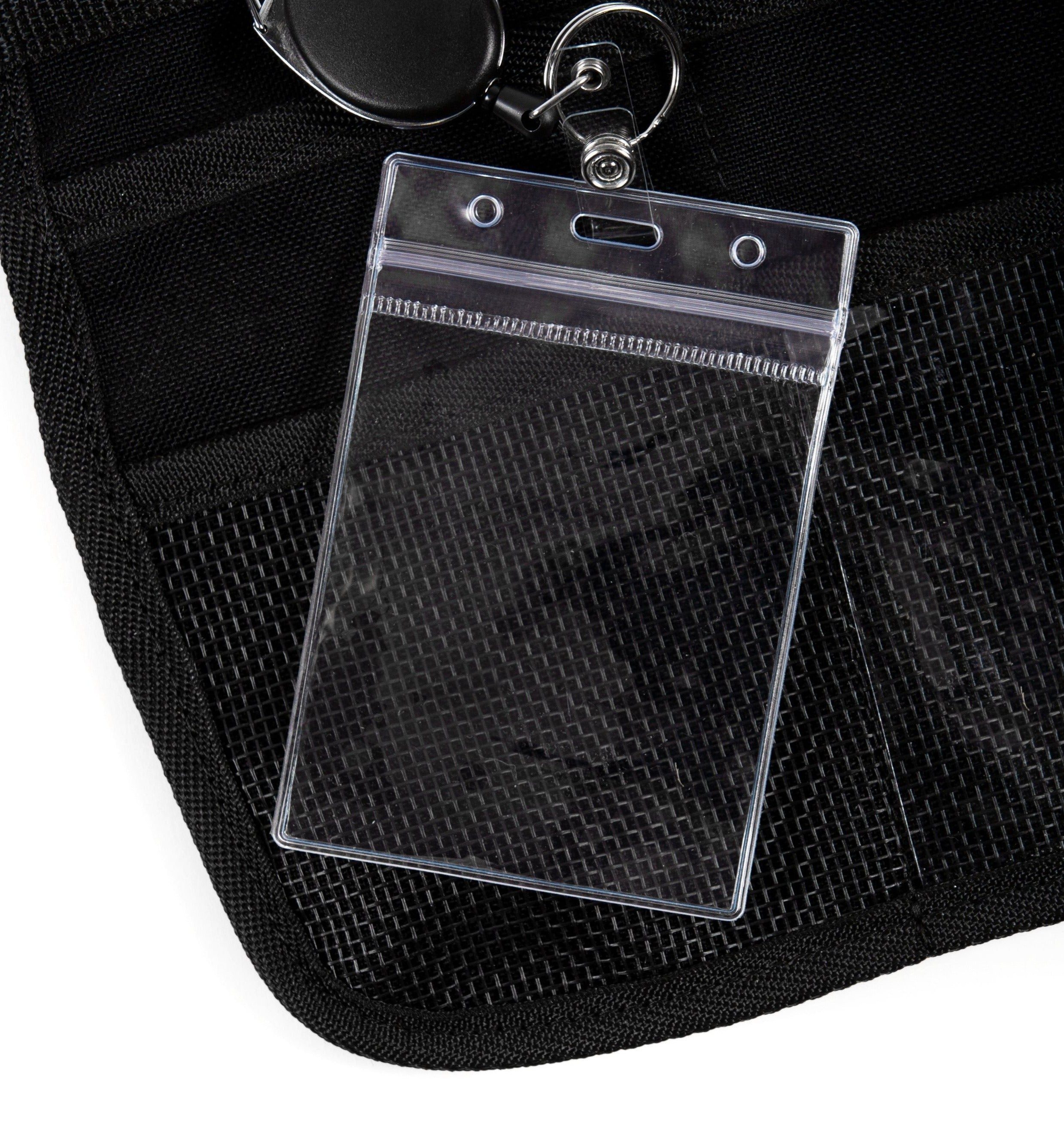 Holds Standard Size ID Badge.   *Retractable Key Carabiner not included.